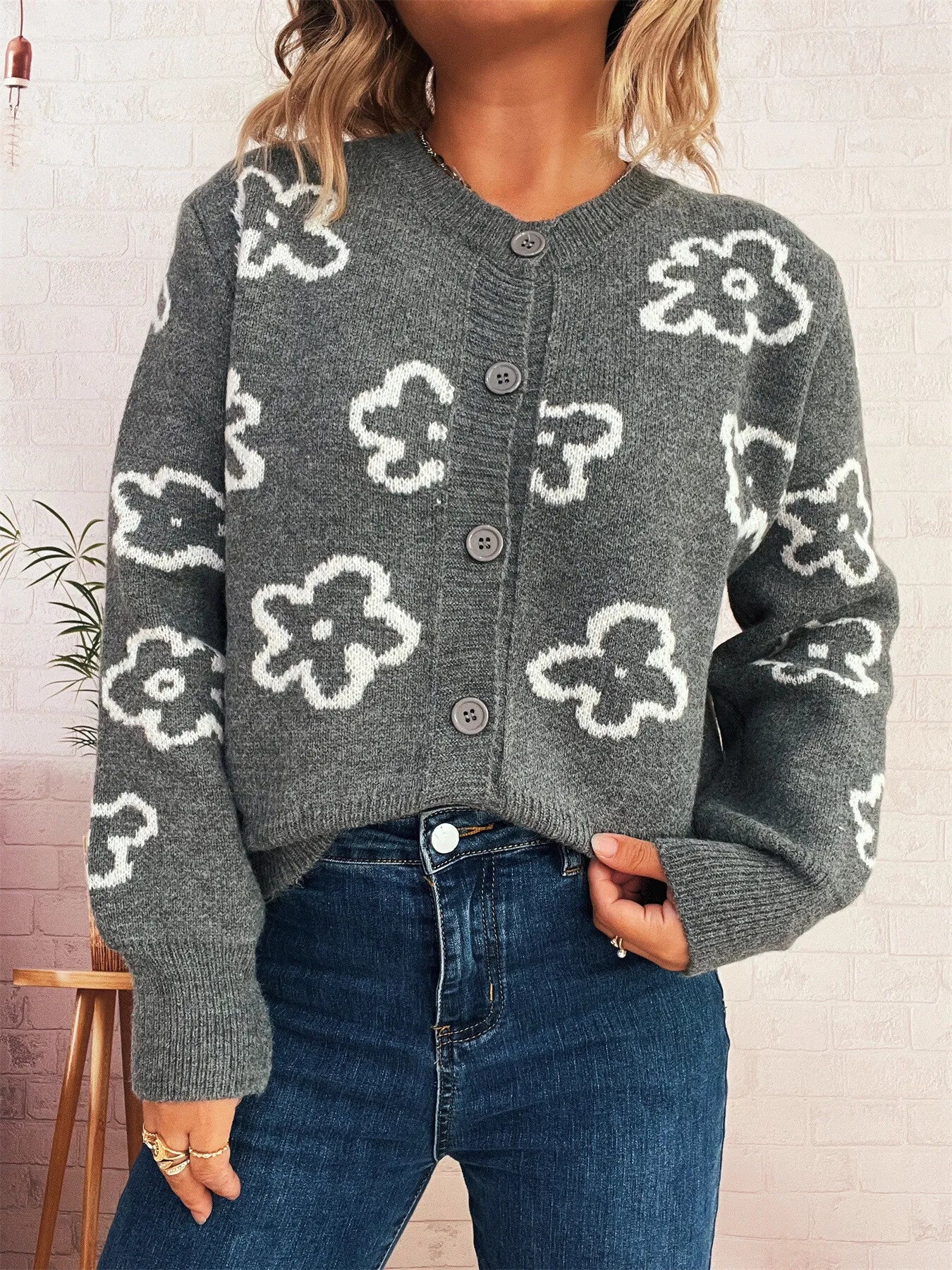 Floral Pattern Button-Up Cardigan Easy Apparels