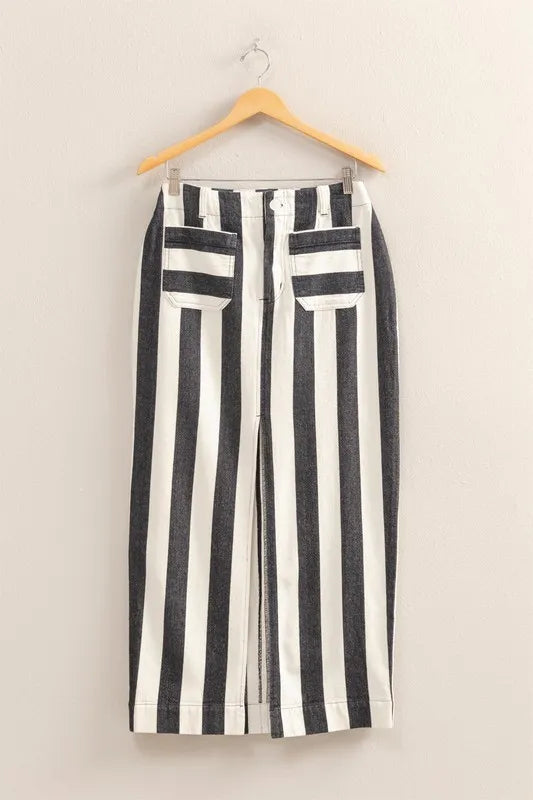 HYFVE Striped Pocket Detail Maxi Skirt BLACK CREAM Easy Apparels