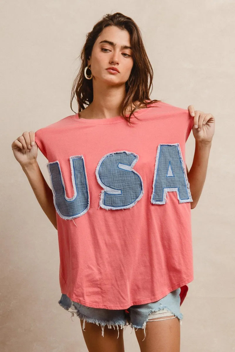 Trendsi BiBi Washed Jersey With Usa Patched Raw Cut Edge Detail