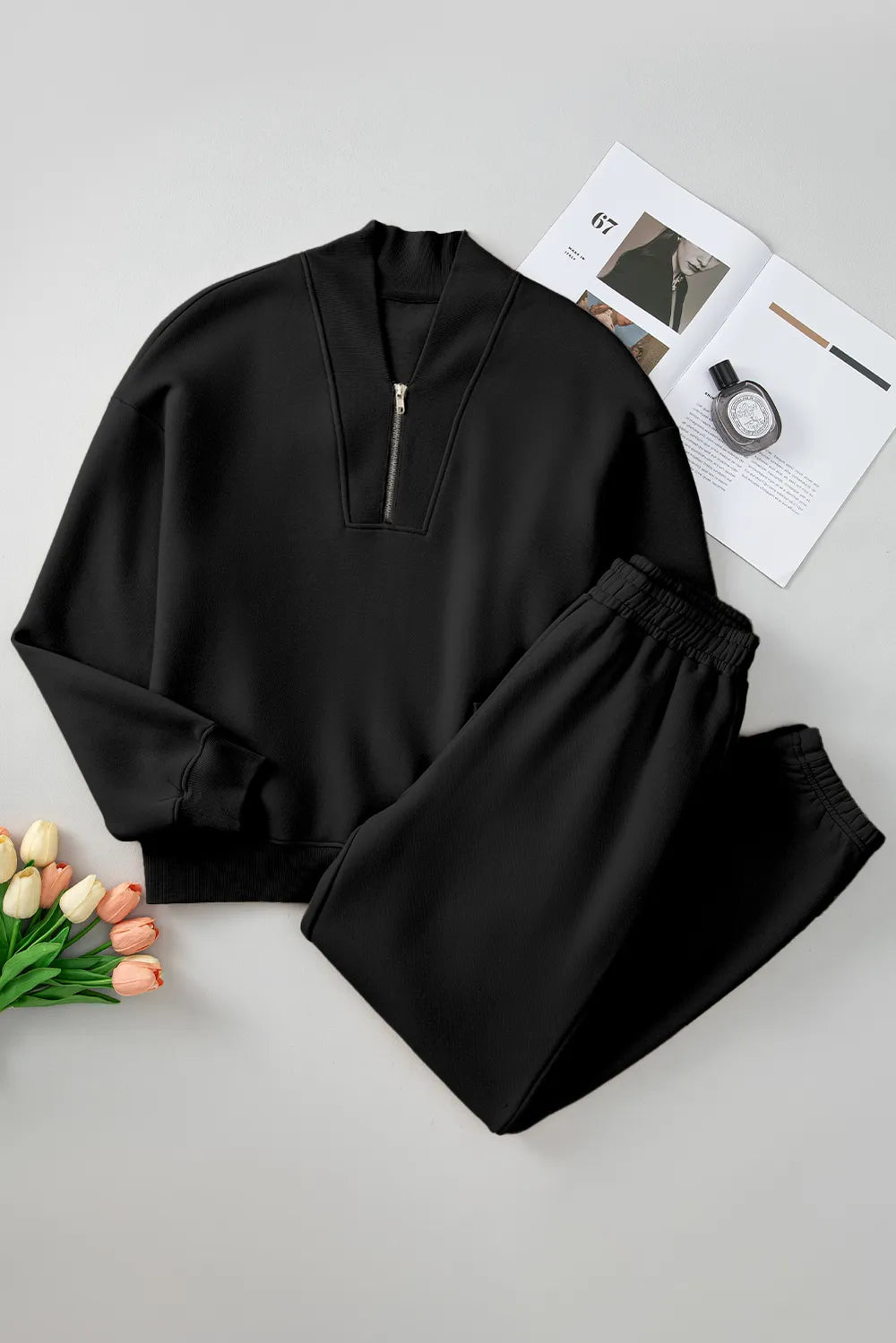 Quarter Zip Long Sleeve Top and Pants Set Easy Apparels