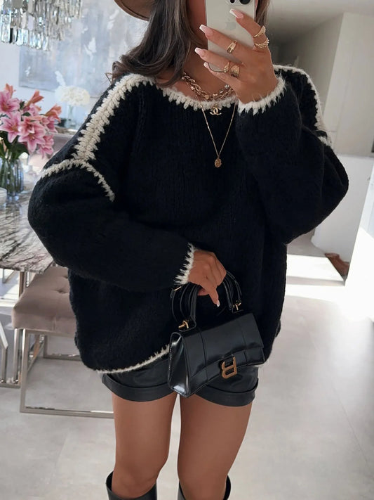 Trendsi Contrast Trim Oversized Sweater Black
