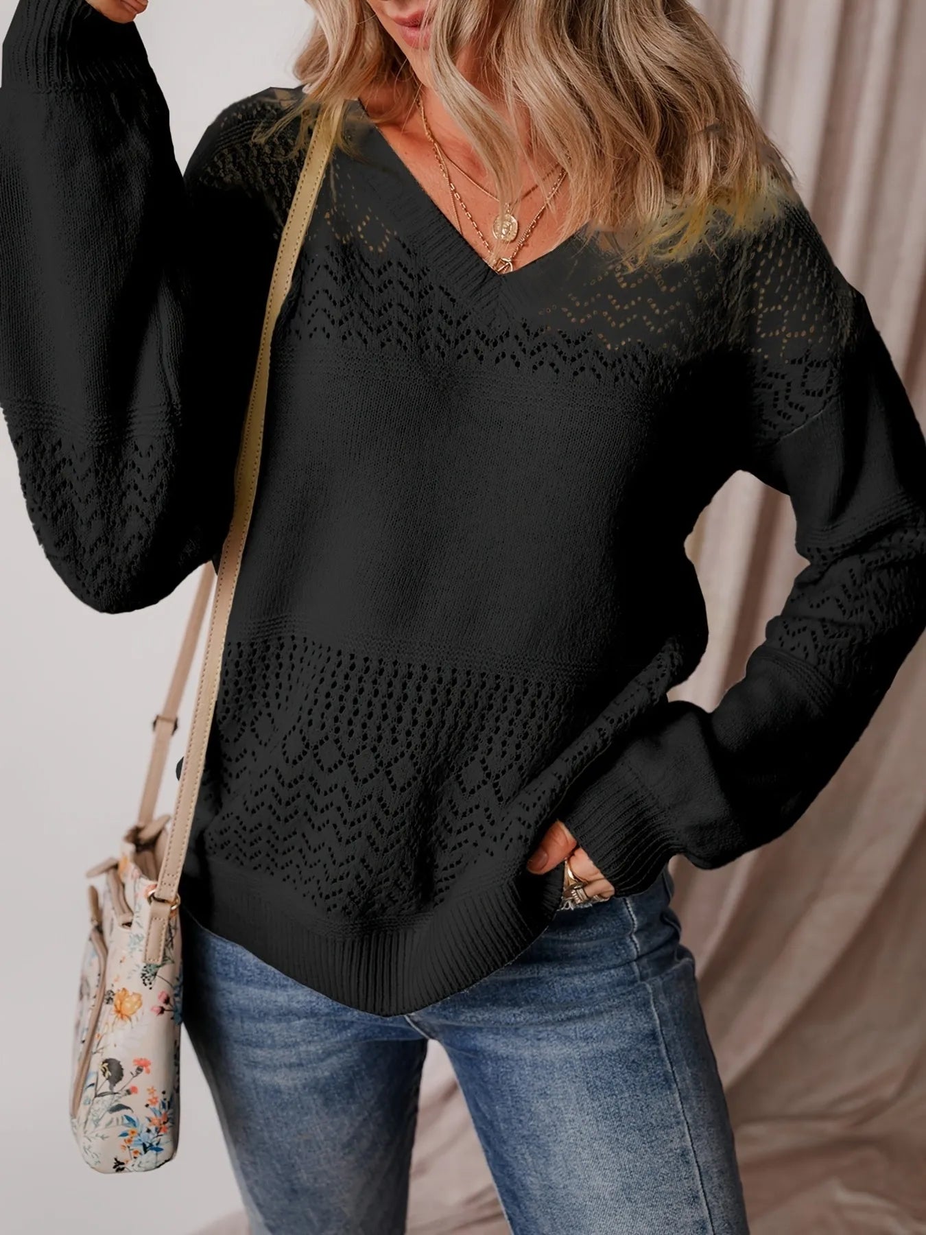 Trendsi Eyelet Deatil V-Neck Long Sleeve Sweater