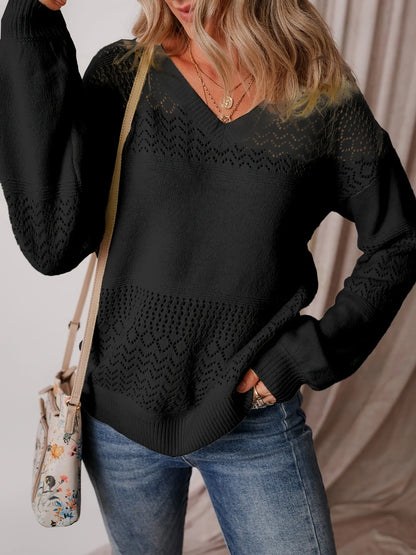 Trendsi Eyelet Deatil V-Neck Long Sleeve Sweater