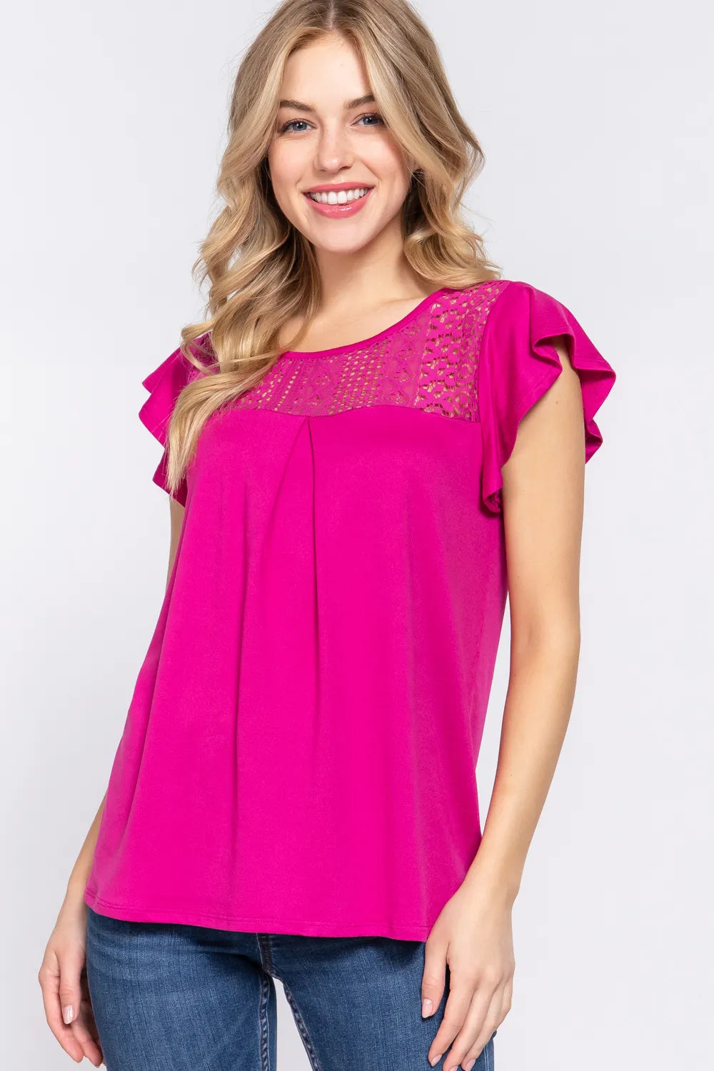 Trendsi ACTIVE BASIC Ruffle Short Sleeve Lace Detail Knit Top MAGENTA