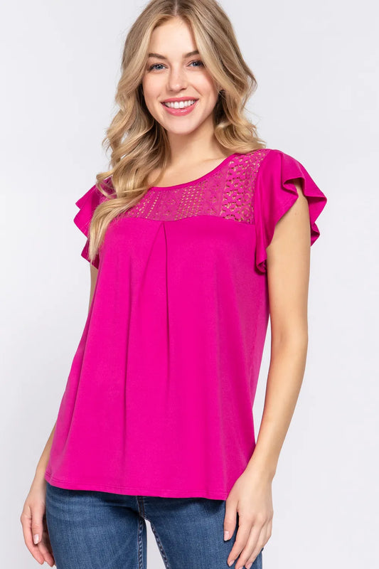 Trendsi ACTIVE BASIC Ruffle Short Sleeve Lace Detail Knit Top MAGENTA