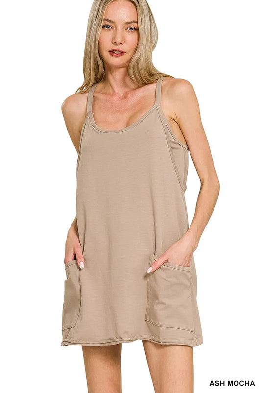 Zenana Cami Mini Dress with Built-in Romper Liner ASH MOCHA Easy Apparels