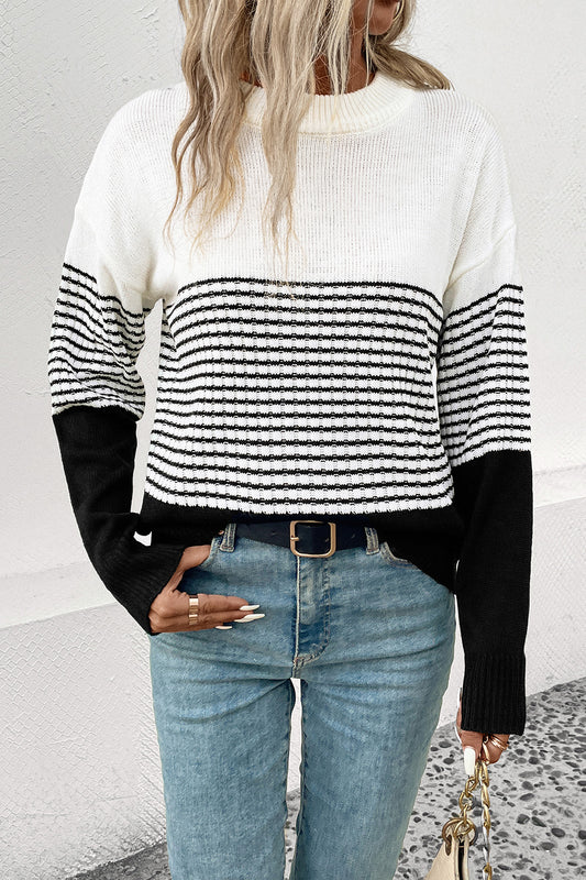 Perfee Striped Drop Shoulder Sweater White Easy Apparels