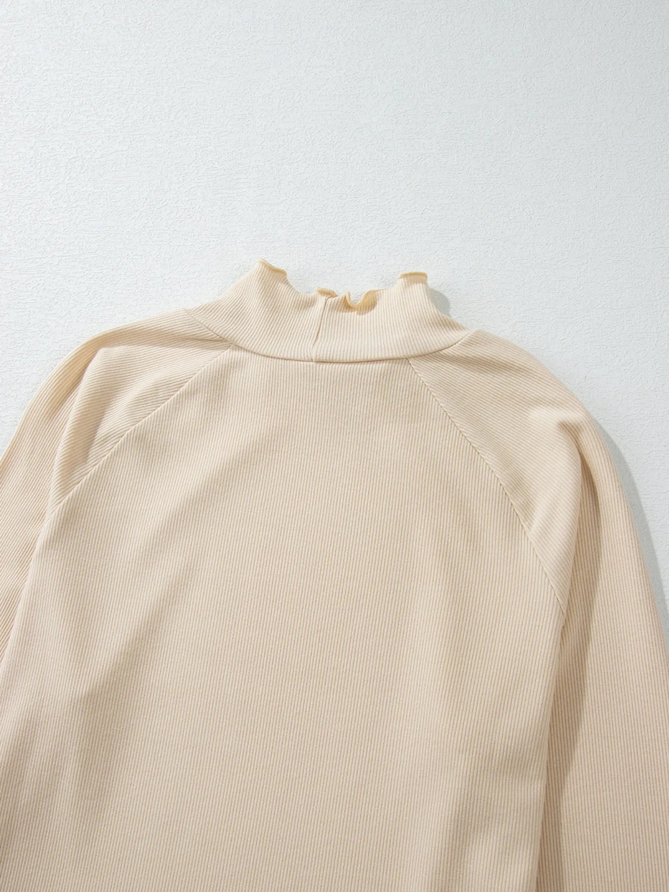 Trendsi Ribbed Knit Lettuce Trim Mock Neck Long Sleeve Top