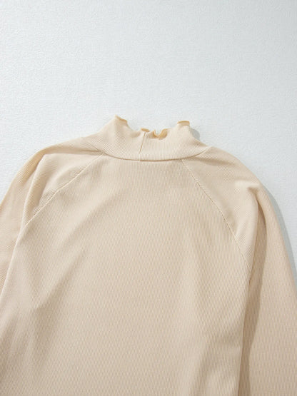 Trendsi Ribbed Knit Lettuce Trim Mock Neck Long Sleeve Top