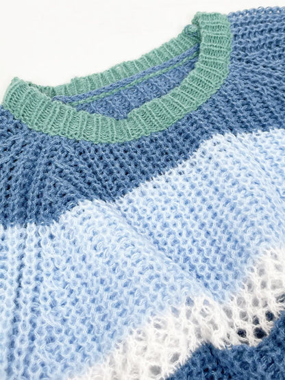 Trendsi Openwork Striped Color Block Crop Sweater