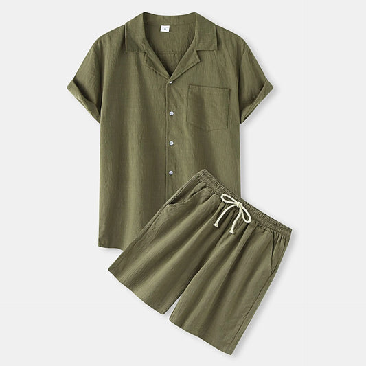 Men's Button Up Shirt and Shorts Set Army Green Easy Apparels