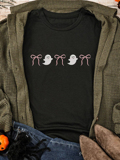 Halloween Ghost Bow Graphic Short Sleeve T-Shirt Easy Apparels
