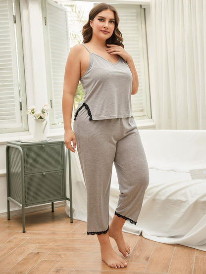 Plus Size Lace Trim Slit Cami and Pants Pajama Set Easy Apparels