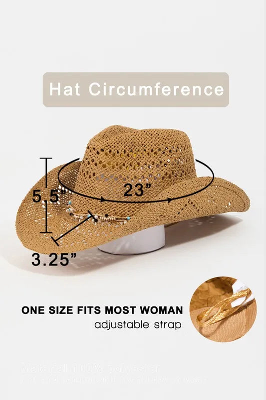 Fame Beaded Cowrie Shell Straw Weave Western Cowboy Hat Easy Apparels