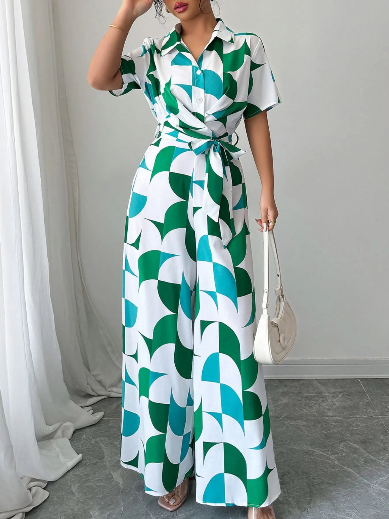 Printed Wide Leg Belted Jumpsuit Easy Apparels