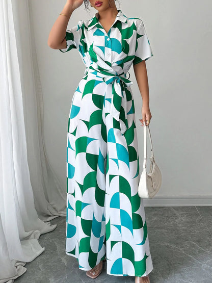 Printed Wide Leg Belted Jumpsuit Easy Apparels