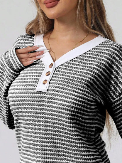 Trendsi Striped Button Detail Long Sleeve Top