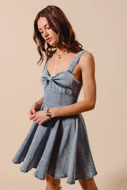 SO ME Mineral Washed Bow Ribbon Denim Flare Dress Easy Apparels