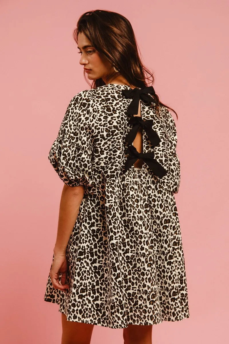 BiBi Leopard Denim Dress With Back Contrast Tie Detail Easy Apparels
