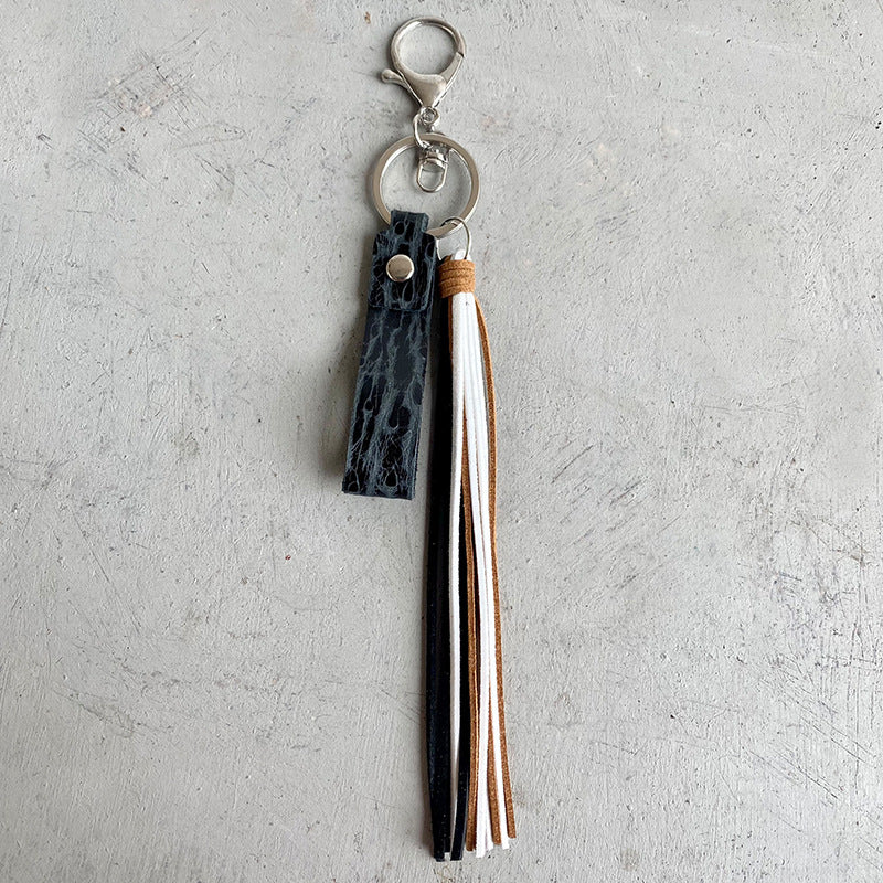 Genuine Leather Tassel Keychain Black One Size Easy Apparels