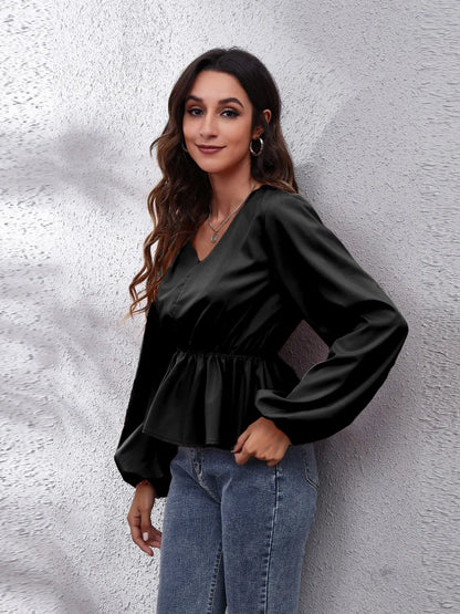 Trendsi V-Neck Balloon Sleeve Peplum Blouse