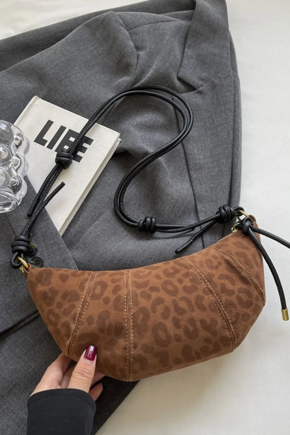 PU Leather Strap Suede Shoulder Bag Caramel One Size Easy Apparels