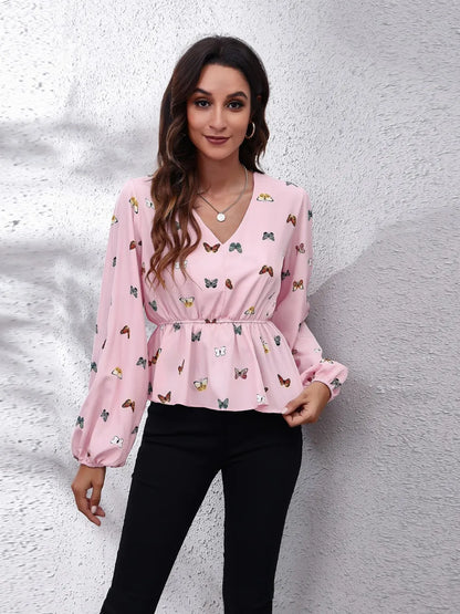 Trendsi Butterfly V-Neck Balloon Sleeve Peplum Blouse Blush Pink