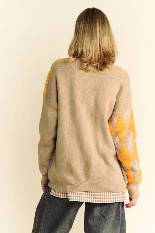 Davi & Dani Argyle V-Neck Dropped Shoulder Cardigan Easy Apparels