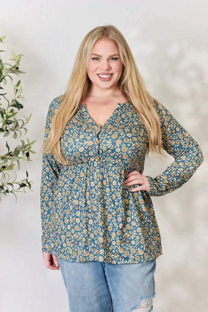 Trendsi Heimish Full Size Floral Half Button Long Sleeve Blouse