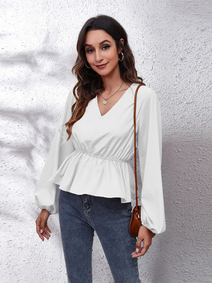 Trendsi V-Neck Balloon Sleeve Peplum Blouse White