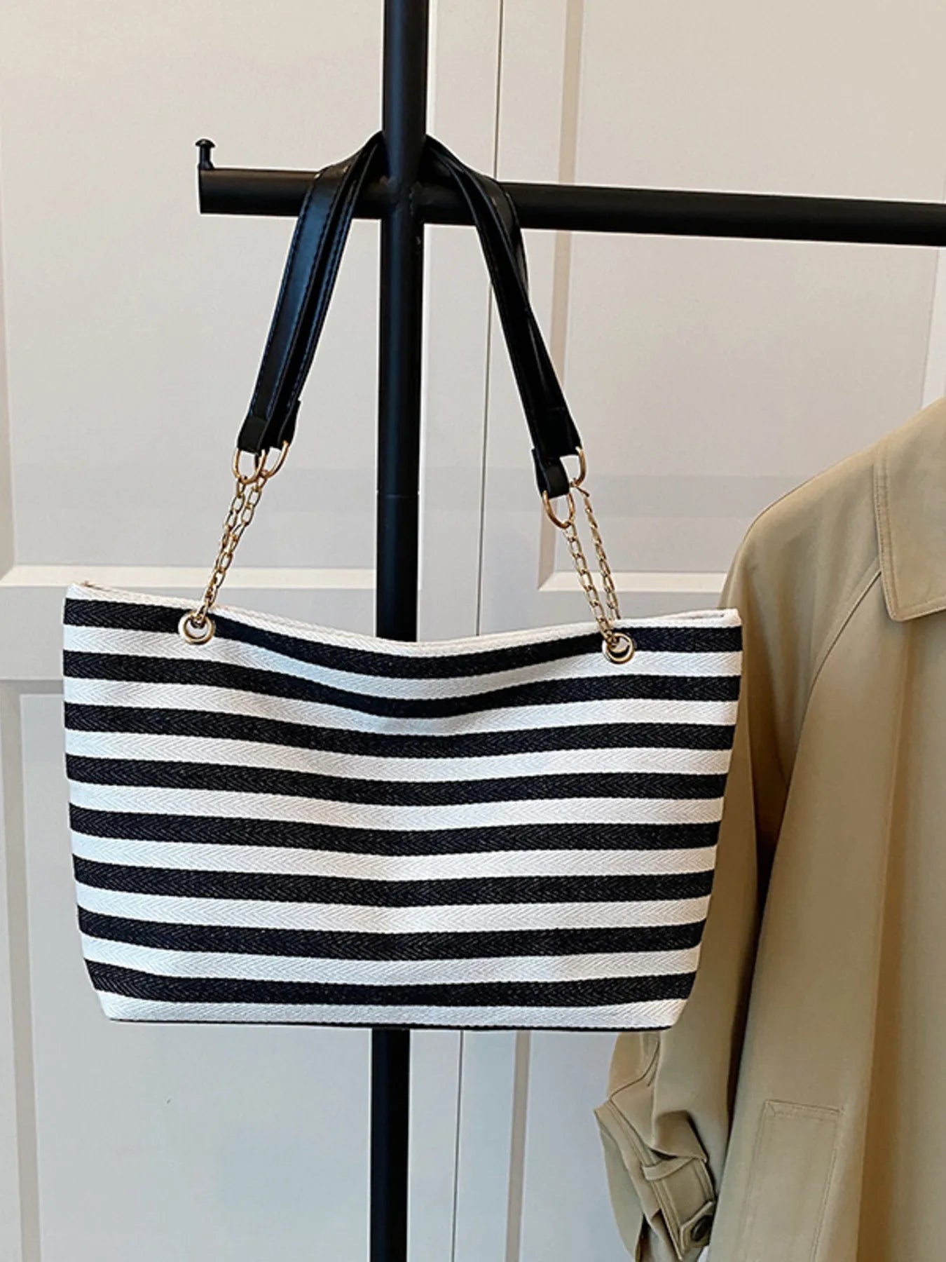 Striped Shoulder Bag with Chain Detail Easy Apparels