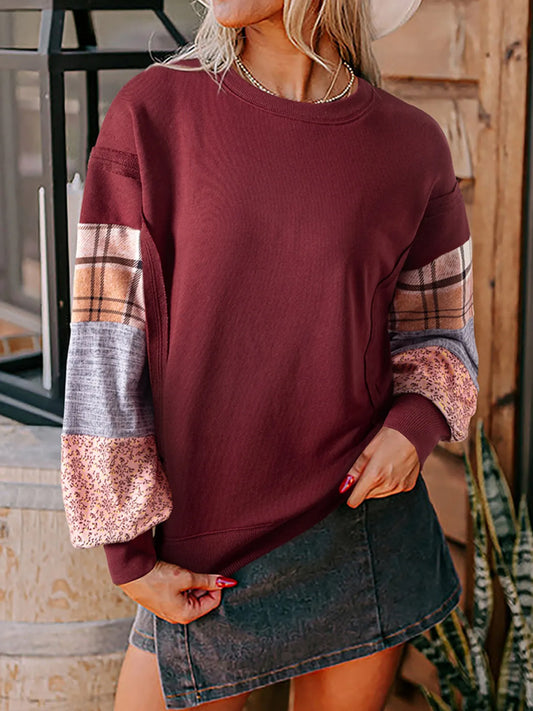 Trendsi Multi-Pattern Long Sleeve Sweatshirt Burgundy