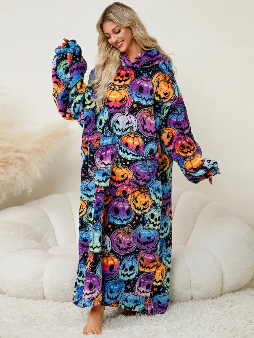 Fuzzy Pocketed Long Sleeve Hooded Lounge Dress Easy Apparels