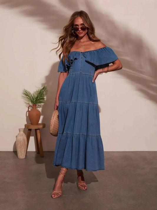 Off Shoulder Ruffle Tiered Denim Dress Dark Blue Easy Apparels