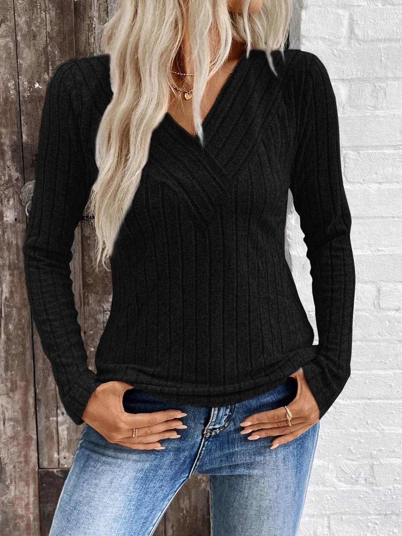 Trendsi Ribbed V-Neck Long Sleeve Knit T-Shirt