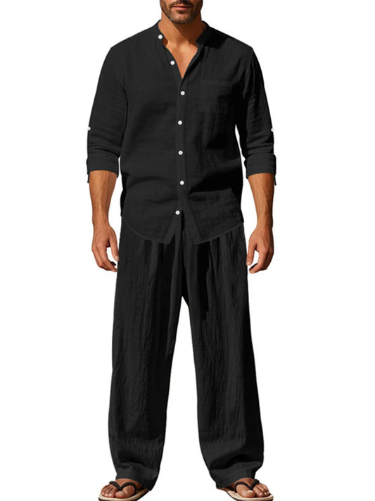 Men's Full Size Button Up Shirt and Pants Set Plus Size Black Easy Apparels