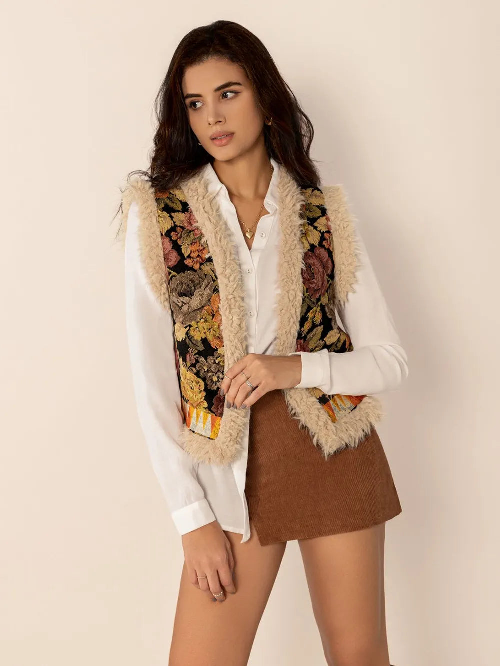 Embroidered Fuzzy Trim Open Front Vest Coat Multicolor Easy Apparels