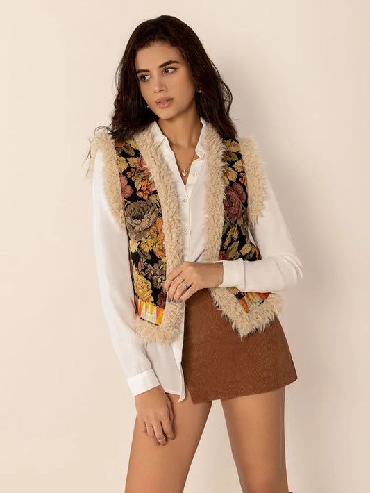 Embroidered Fuzzy Trim Open Front Vest Coat Multicolor Easy Apparels