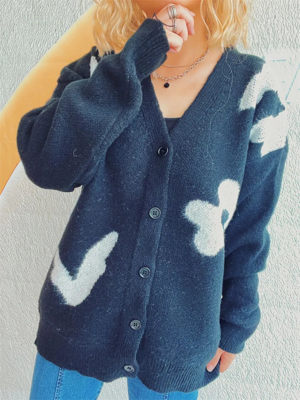 Flower Button Down V-Neck Long Sleeve Cardigan Easy Apparels