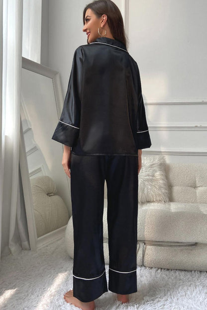 Contrast Piping Button-Up Top and Pants Pajama Set Easy Apparels