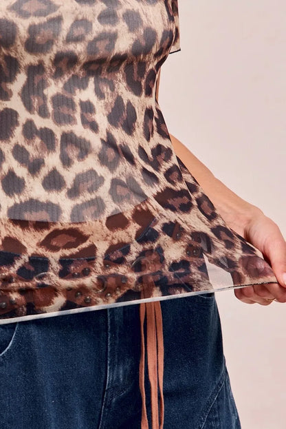 Trendsi BiBi High Neck Leopard Mesh Short Sleeves Top