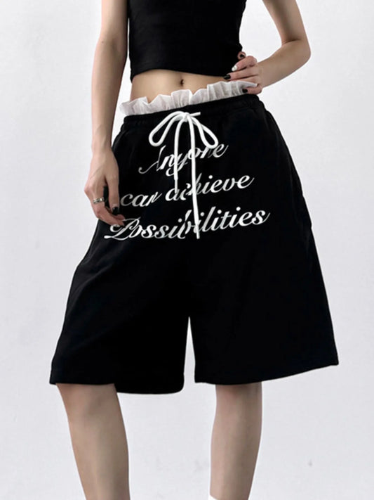 Drawstring Letter Shorts Black Easy Apparels