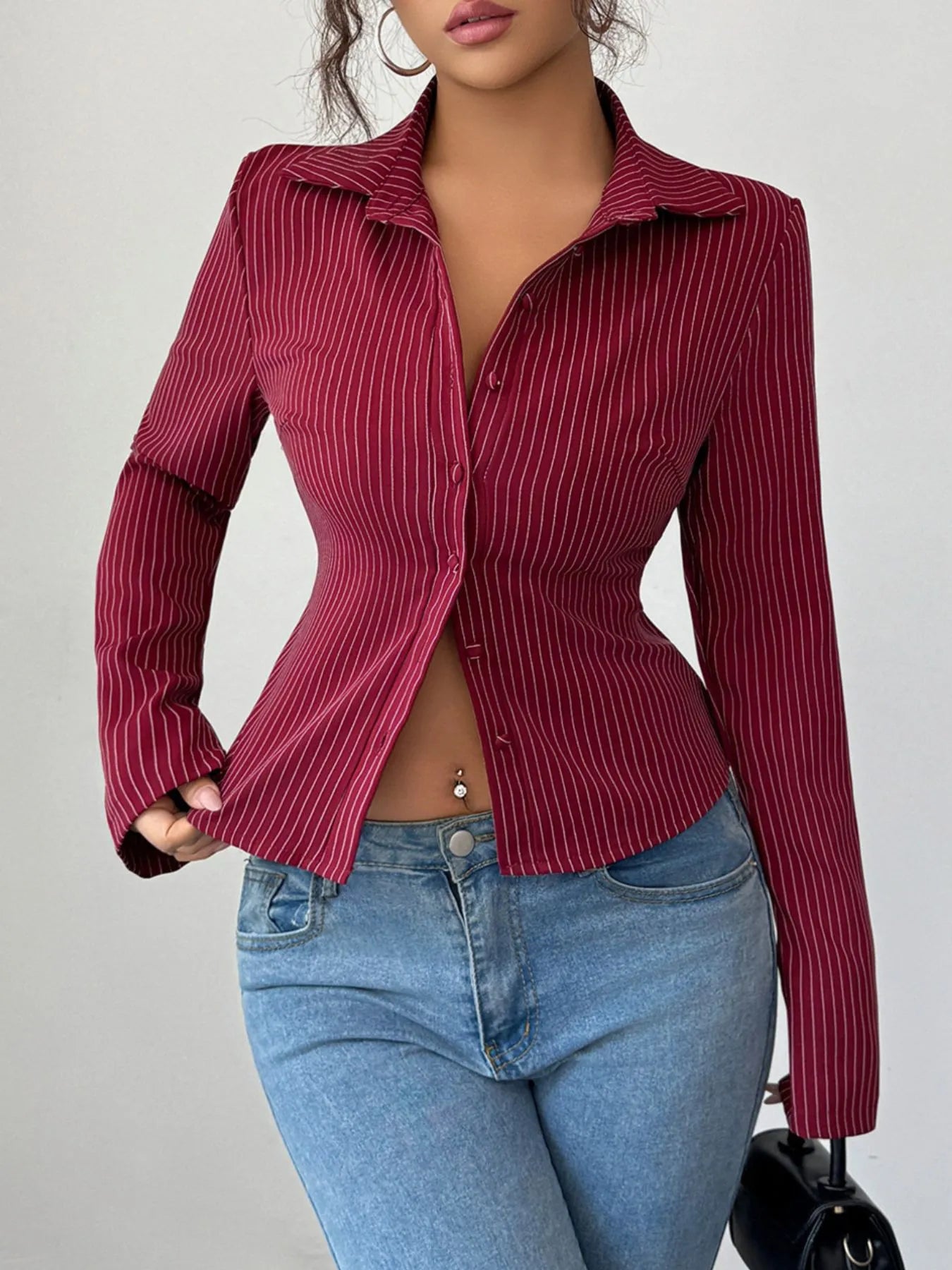 Trendsi Striped Button-Up Fitted Shirt