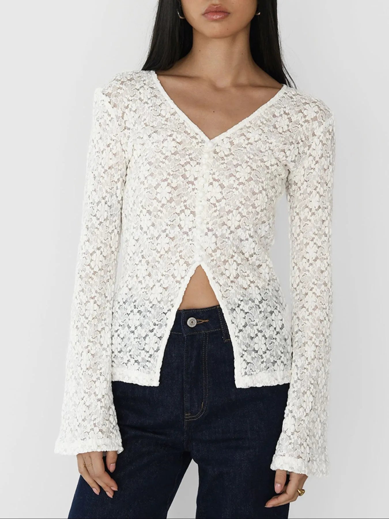 Trendsi Lace V-Neck Flare Sleeve T-Shirt