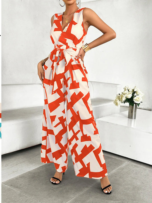 Printed Wide Leg Jumpsuit Orange Easy Apparels