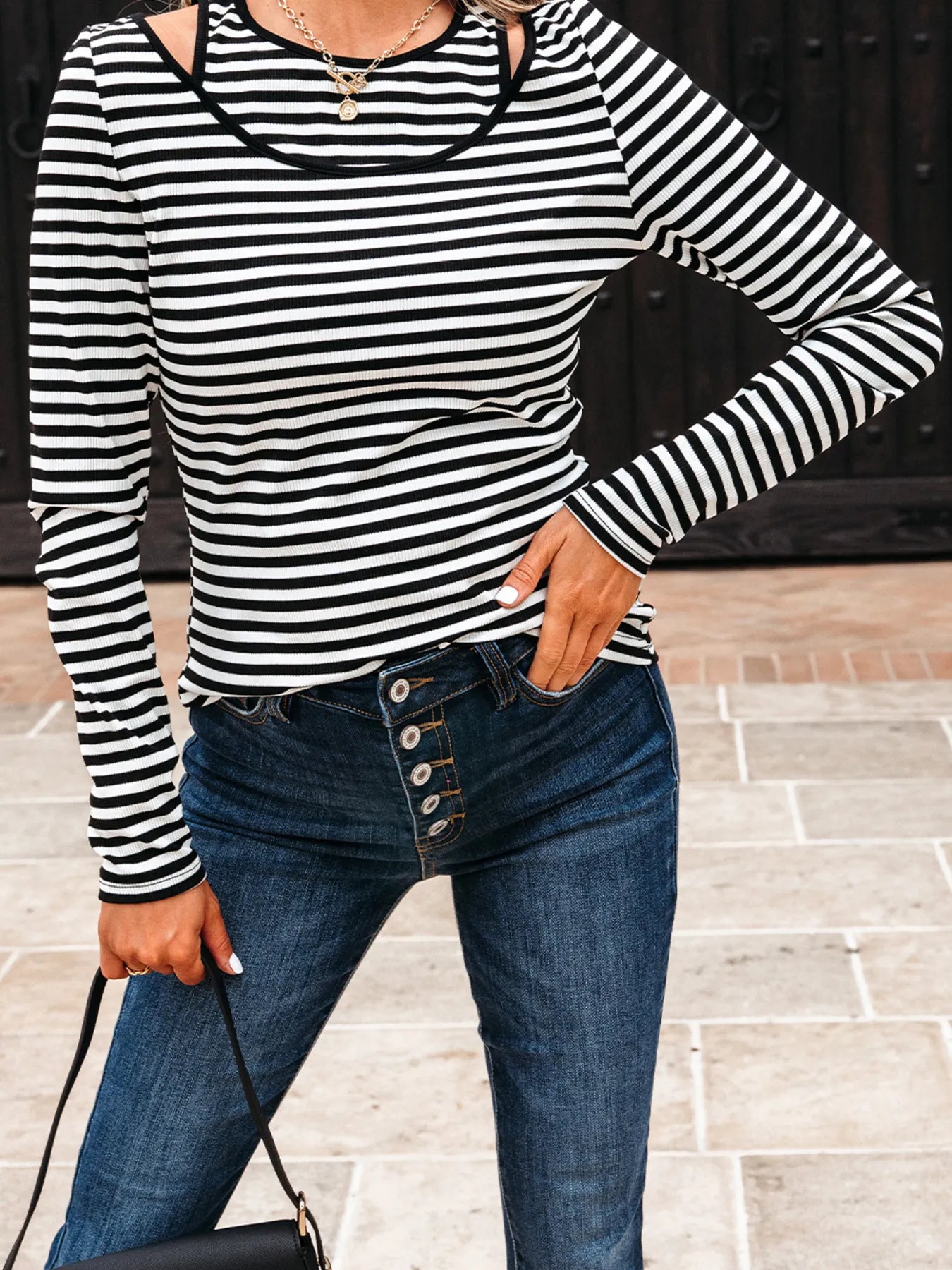 Trendsi Stripe Double-layer Cold Shoulder Long Sleeve Top