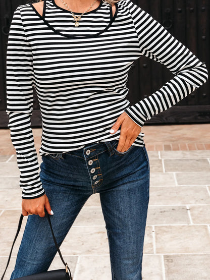 Trendsi Stripe Double-layer Cold Shoulder Long Sleeve Top