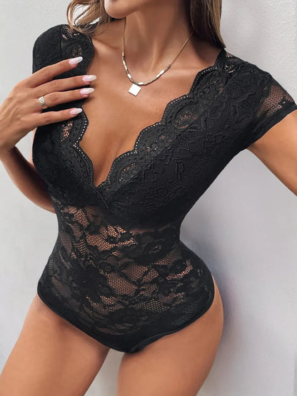 Trendsi Perfee Lace V-Neck Cap Sleeve Bodysuit