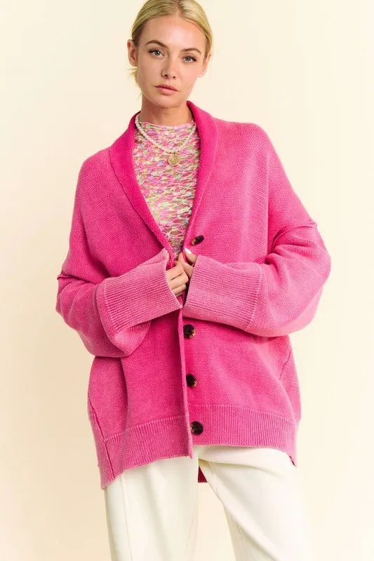 Davi & Dani Shawl Collar Ribbed Detail Button Up Cardigan Hot Pink Easy Apparels