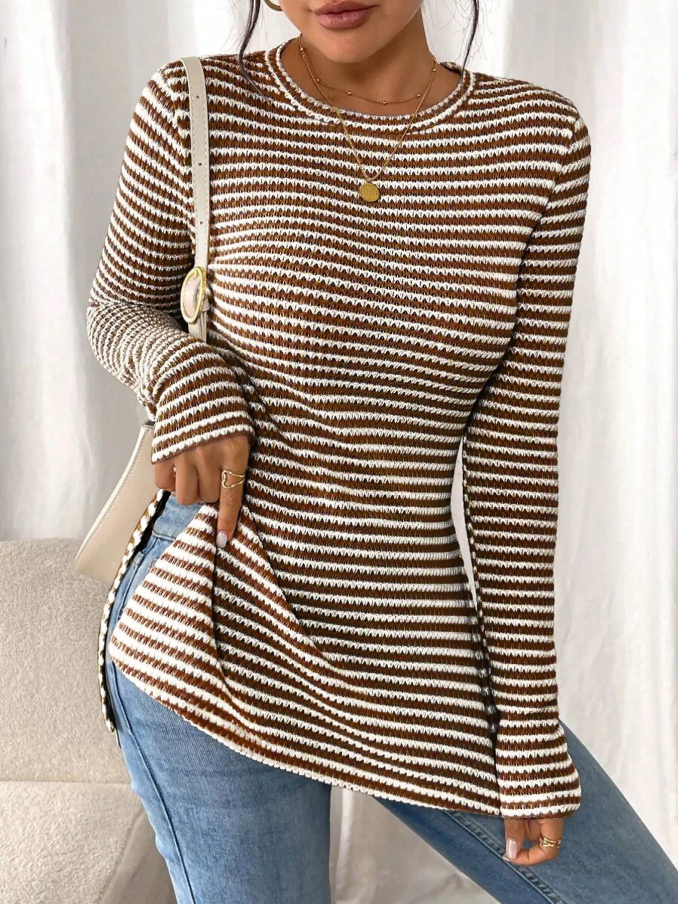 Trendsi Side Slit Striped Long Sleeve T-Shirt